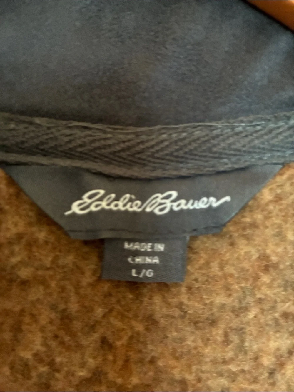 Eddie Bauer Men’s Large Brown Sweater Fleece Quarter Zip Pullover With Navy Trim